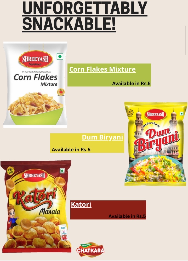 Shreeyash Namkeens (Corn Flakes Mix, Dum Biryani, Katori, Chatkara) wholesale Dhampur Bijnor - photo 1